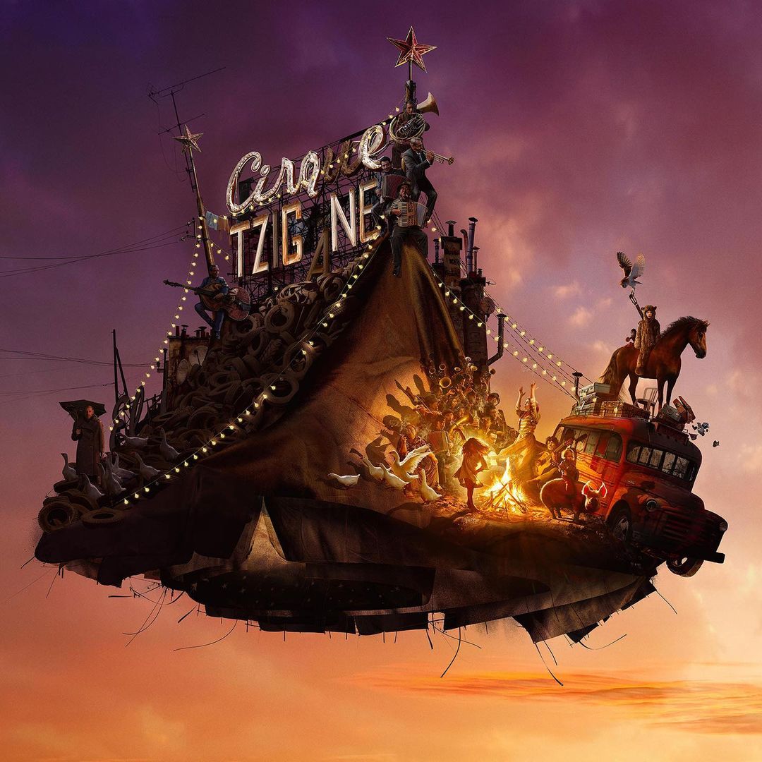 Illustration of a whimsical circus on a floating island with performers, animals, and a vintage bus against a gradient sunset sky.