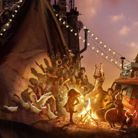Whimsical gathering around a campfire with music, featuring a diverse group including adults, children, musicians, and animals.