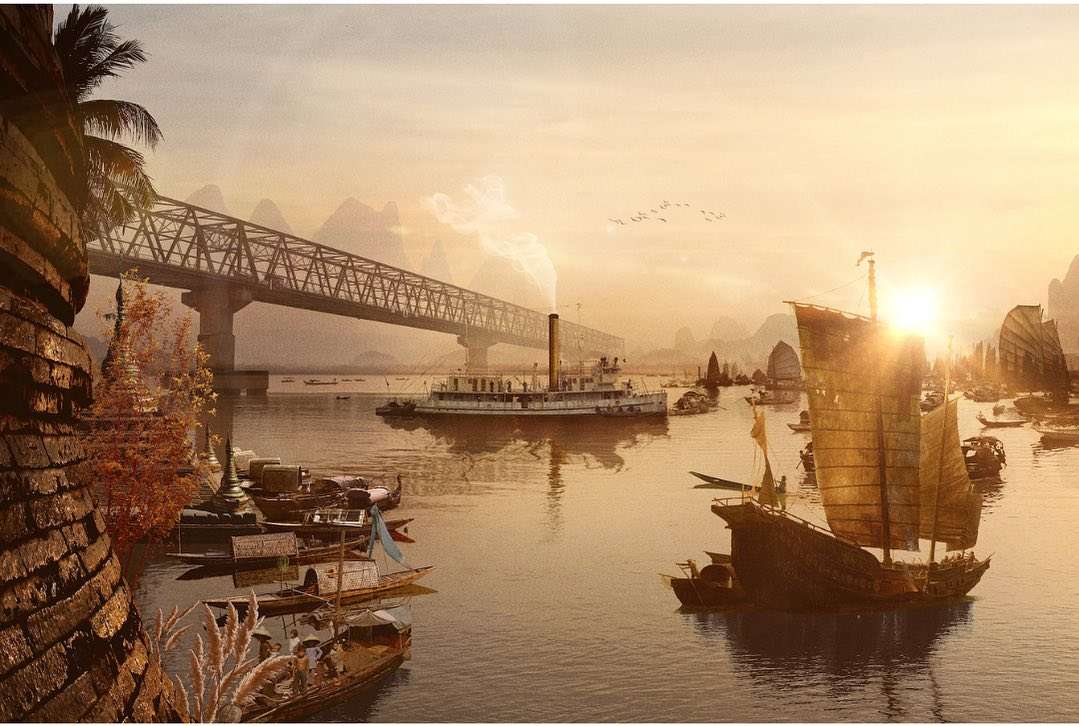 Sunrise over a river in Southeast Asia with traditional sailing boats, a steamship, and a bridge in the background, creating a peaceful vista.