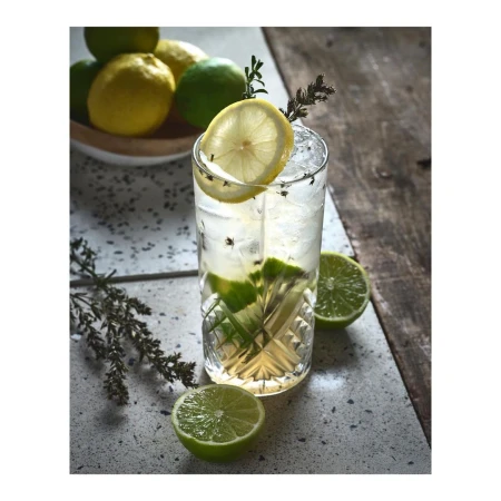 Refreshing citrus drink with ice in a textured glass, garnished with lemon slice and rosemary, alongside limes and lemons in a white bowl.