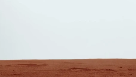 Minimal landscape photograph showing a smooth reddish-brown terrain against an overcast pale sky in Paris by Laurent Seroussi.