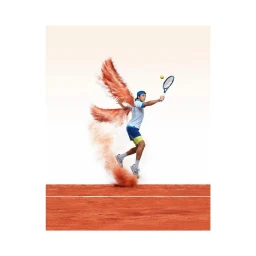 Tennis player in mid air jumping with a racket and a cloud of red clay dust forming wings behind him.