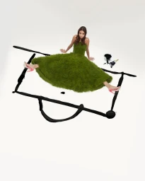 Model in green textured grass dress wearing pink high heels seated inside a painted black frame on white floor