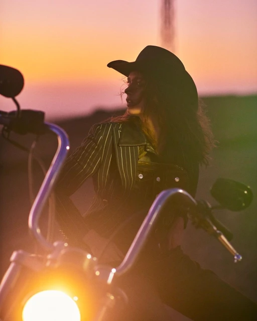 A woman in a cowboy hat and jacket sits on a motorcycle against a colorful sunset sky, creating a fashion and travel vibe.
