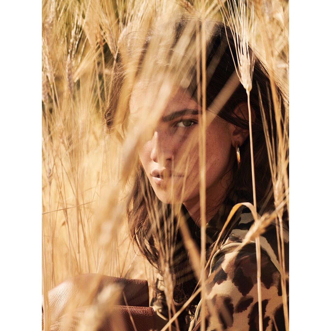 Portrait of a brunette woman with gold hoop earrings, looking at the camera, surrounded by tall golden wheat in a sunlit field.