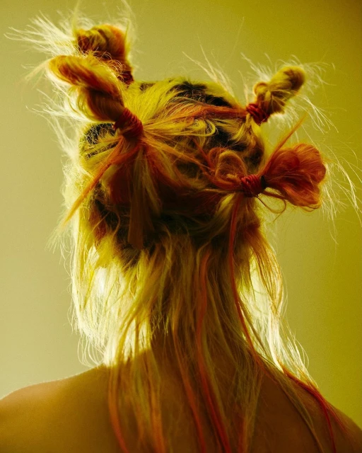 Woman with unique updo hairstyle featuring blonde hair with orange highlights tied in multiple knots, set against a yellow background.