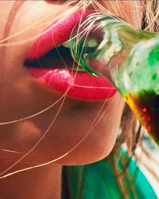 Close-up of a person drinking from a green glass bottle, focusing on red lips and the neck of the bottle during consumption.