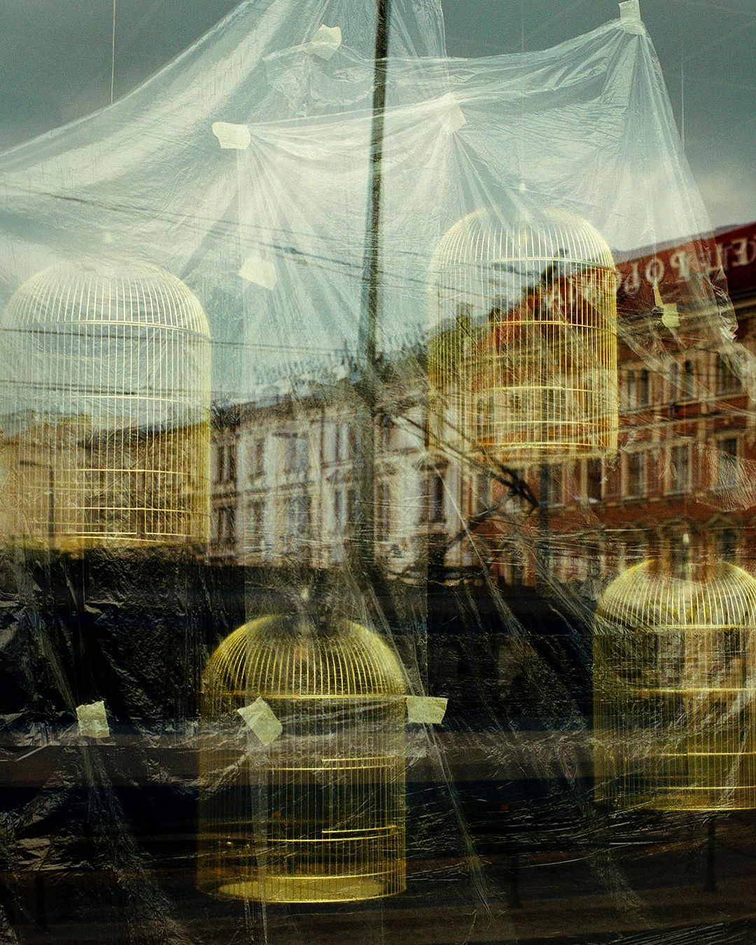 Artistic photograph featuring golden birdcages suspended in an urban setting, overlaid with a translucent plastic sheet.