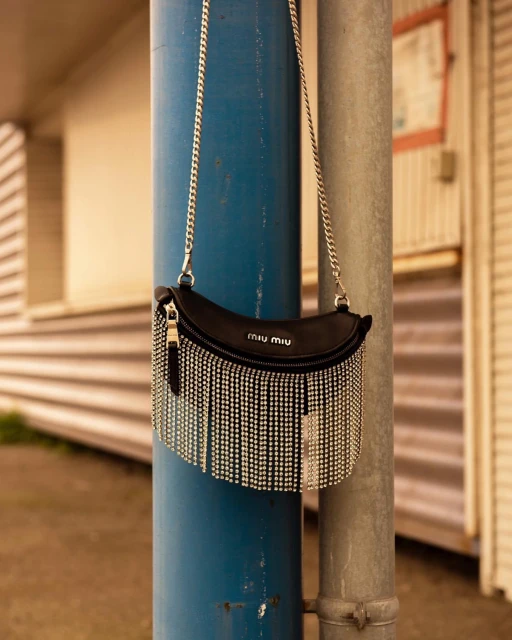Miu Miu black leather handbag with a silver chain strap and silver fringe detail, showcased against a blue and beige outdoor setting.