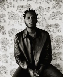 Portrait of a Black man in a dark leather jacket against a patterned wallpaper background