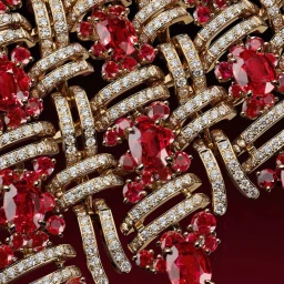 Macro view of a gold diamond and ruby high jewelry necklace by Laziz Hamani in Paris