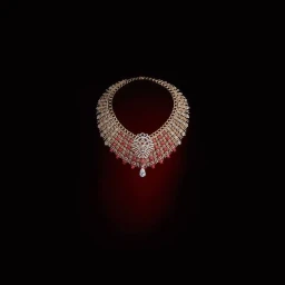 An elaborate gold diamond and ruby statement necklace featuring a lion motif pendant against a dark gradient background.