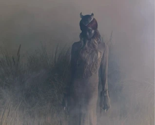 Model wearing horned headpiece and textured dress standing in misty tall grass field