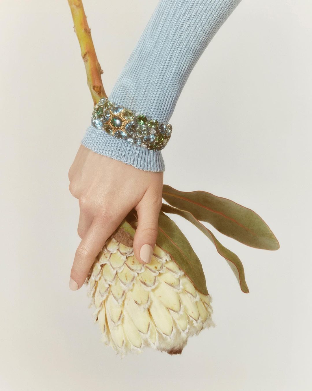 Close-up shot of a female hand wearing a beaded bracelet, delicately holding a large white flower against a plain background.