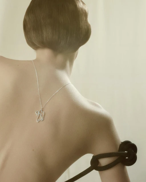 Back view of an adult female with an updo hairstyle, wearing a silver necklace with a pendant, and a black rope around her upper arm.
