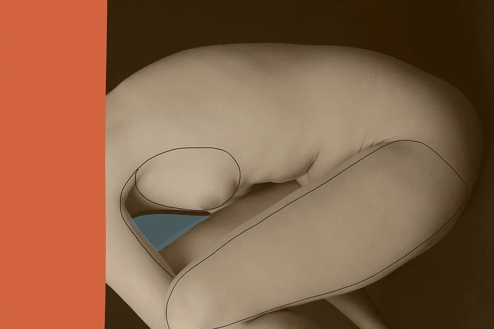 Nude female figure in a fetal position against a brown backdrop with a rust-colored vertical stripe on the left side of the frame.