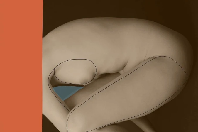 Nude female figure in a fetal position against a brown backdrop with a rust-colored vertical stripe on the left side of the frame.