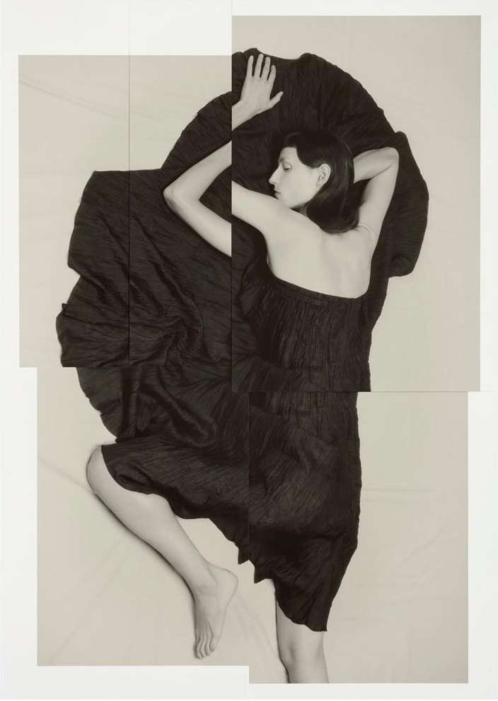 Collage style photo of a woman in a black dress lying down against a neutral background by photographer Lea Nielsen