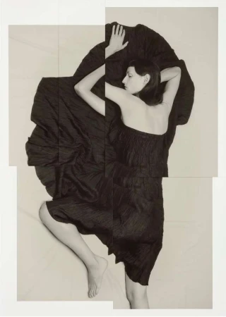 Collage style photo of a woman in a black dress lying down against a neutral background by photographer Lea Nielsen