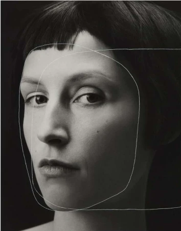 Close up portrait of a woman with short dark hair and hand drawn white outline framing her face by Lea Nielsen