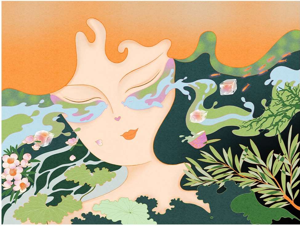 Illustration of a serene woman's face surrounded by flowing water, plants, and ice cubes against an orange and textured background.