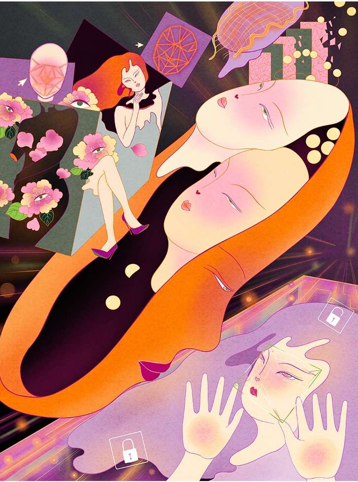 Stylized illustration of multiple female figures, flowers, and geometric shapes in a surreal, artistic composition with pastel color palette.
