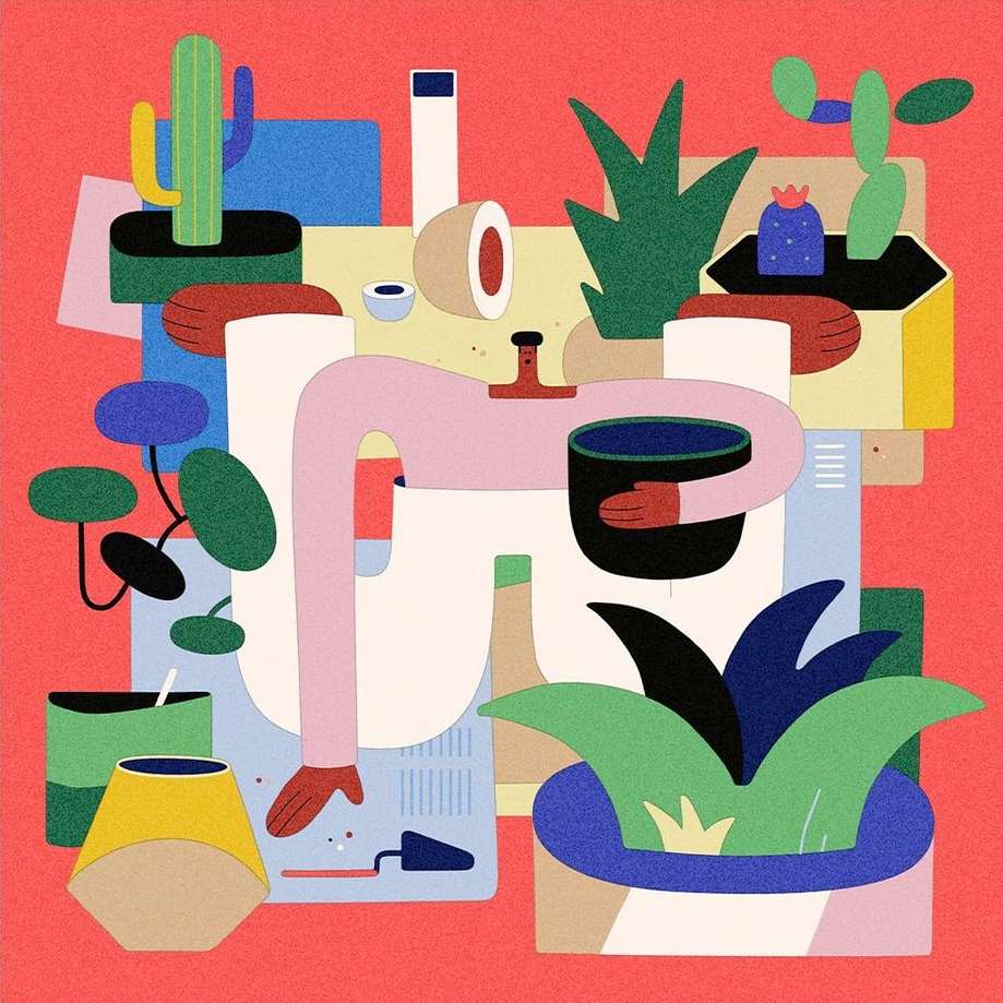 Whimsical illustration of an abstract figure holding a plant pot surrounded by stylized potted plants, bottles, and trowel on a red backdrop.