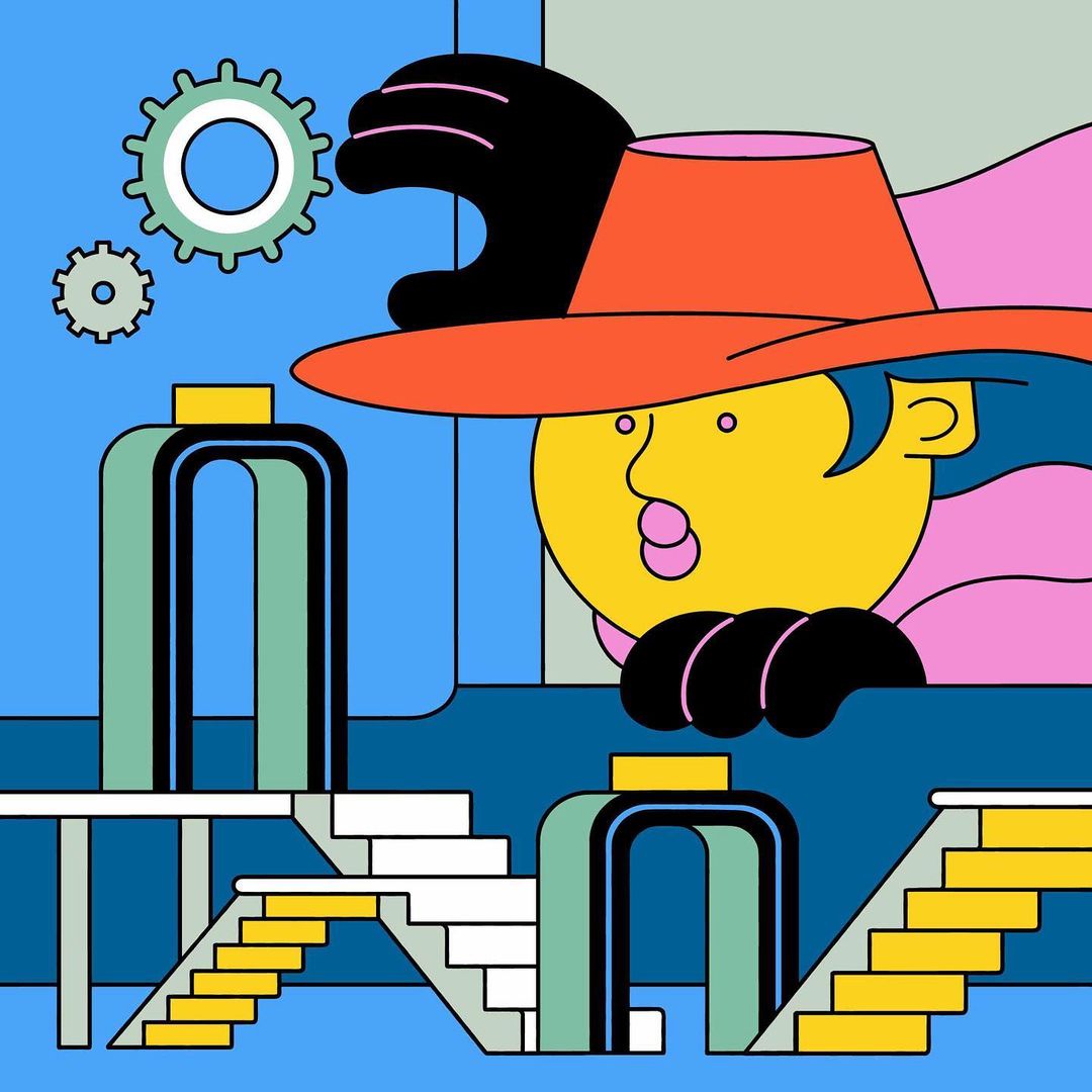 Abstract digital illustration of a yellow-skinned character wearing an orange hat, set against a blue background with stylized gears and stairs.