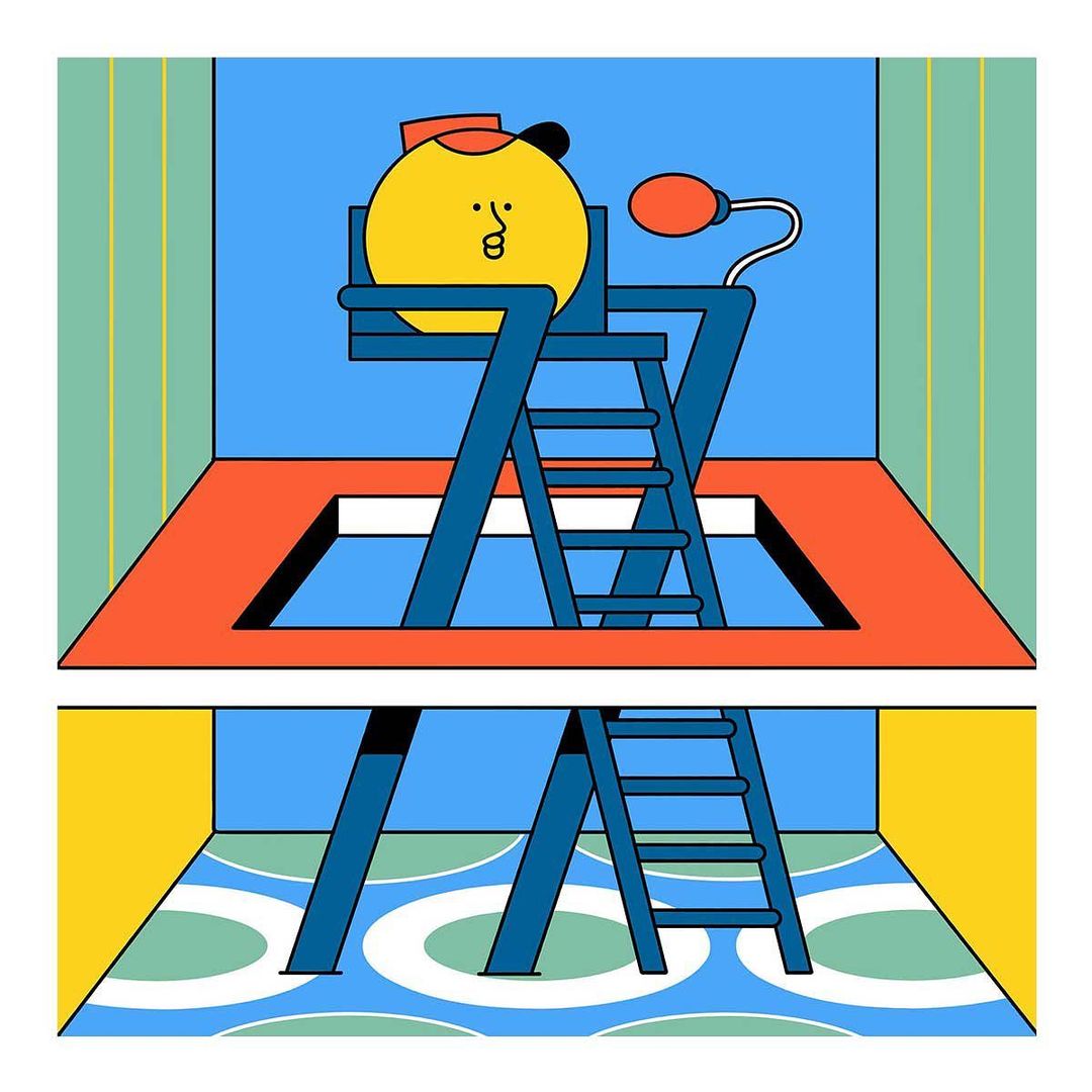 Illustration of yellow cartoon character with small hat on blue metal lifeguard chair in a blue and orange room with patterned floor.