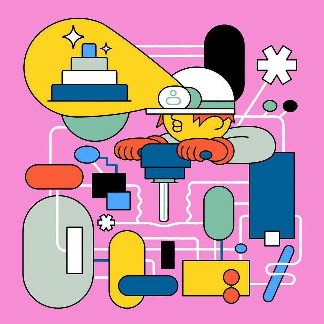 Stylized illustration of a construction worker drilling, with geometric shapes and a pink background, creating a modern and abstract scene.