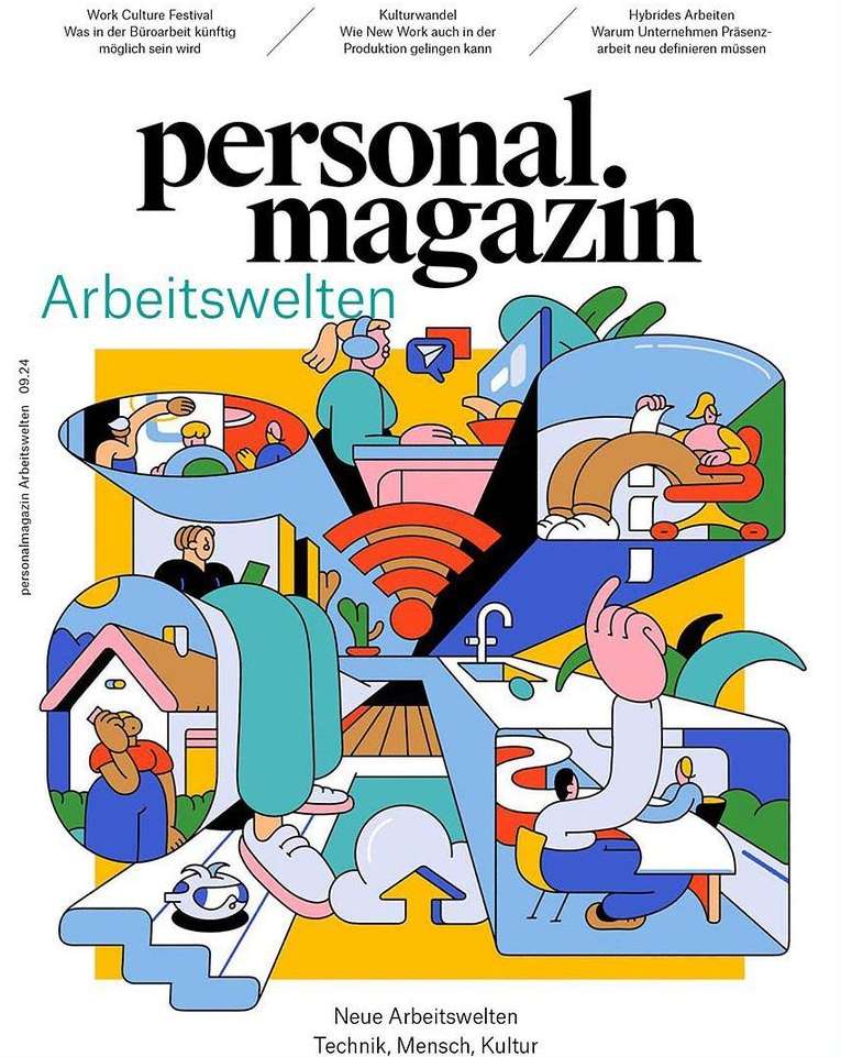 Illustrated magazine cover features cartoon people in abstract office settings, bright colors, and bold typography of title.