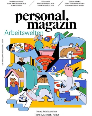 Illustrated magazine cover features cartoon people in abstract office settings, bright colors, and bold typography of title.