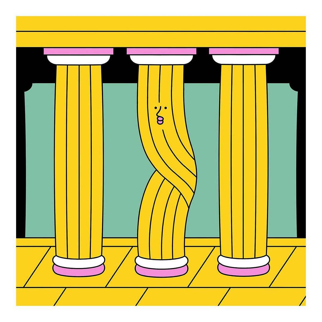 Illustration of three yellow columns with pink accents, one with a small face, set against a mint green background with black accents.
