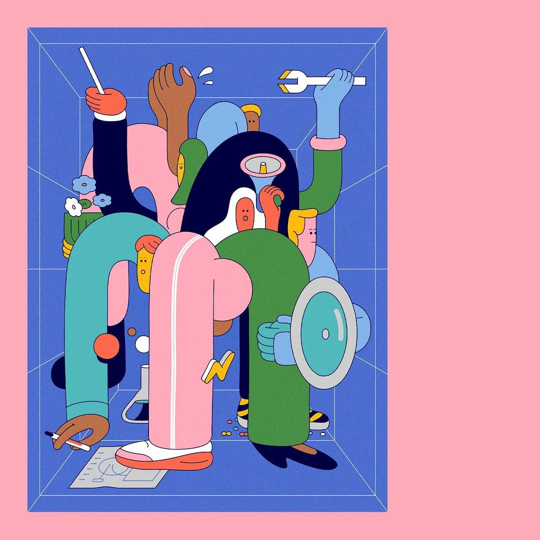 Illustration of various professionals depicted in a cartoon style inside of a blue box on a pink background. 