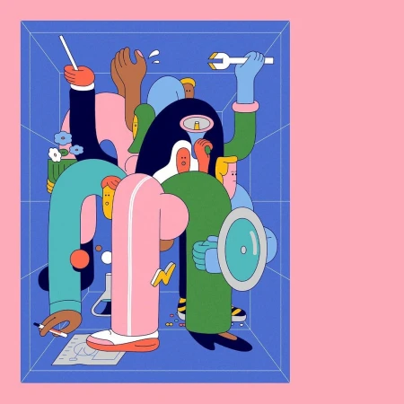 Illustration of various professionals depicted in a cartoon style inside of a blue box on a pink background. 
