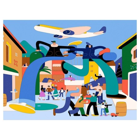 Stylized illustration of a festive street scene with people, buildings, a Christmas tree, and an airplane overhead in bright colors.