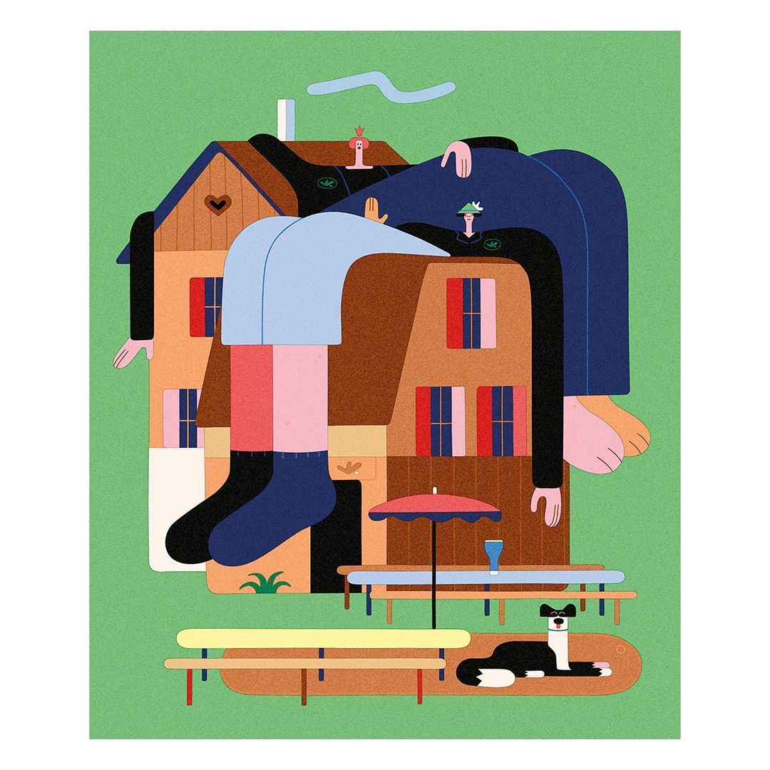 Stylized digital artwork of a house inhabited by a figure, sitting on patio furniture, with a dog, on a green background.