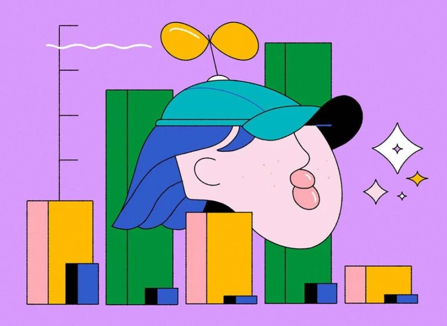 Illustration of a cartoon child with sprout headpiece, against a background of colorful, geometric bar graph shapes and light purple backdrop.