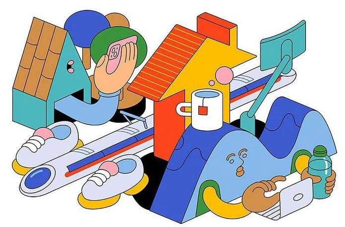 Colorful digital art with geometric shapes, houses, trees, and figures in a whimsical and abstract composition, featuring a light background.