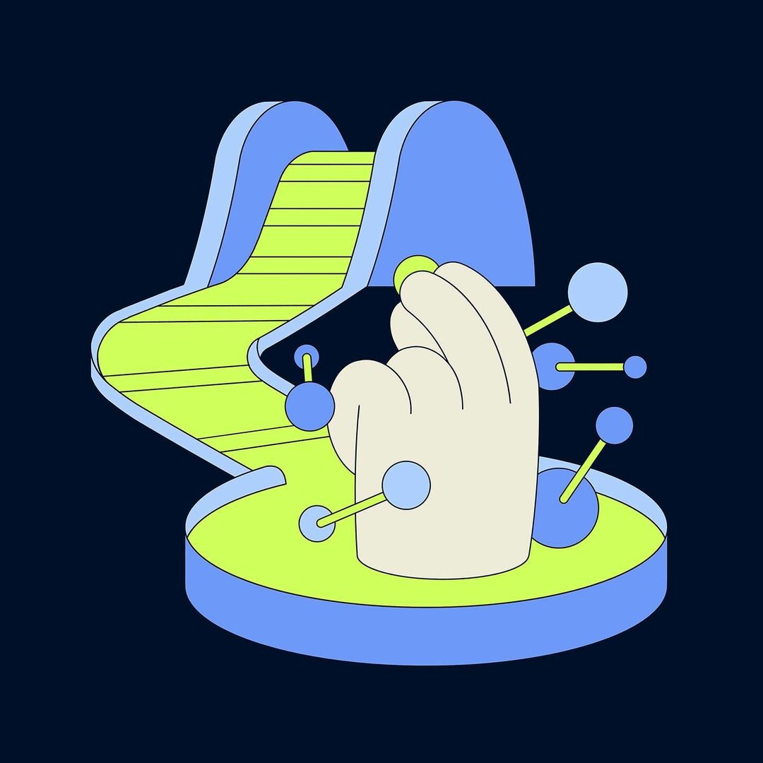Illustration of a hand, interconnected spheres, and a stylized ramp against a dark blue background in a flat, graphical style.