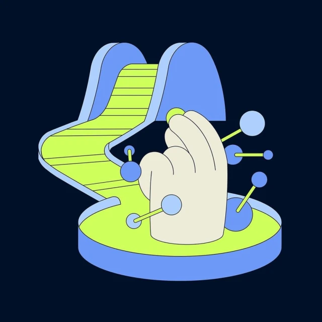 Illustration of a hand, interconnected spheres, and a stylized ramp against a dark blue background in a flat, graphical style.