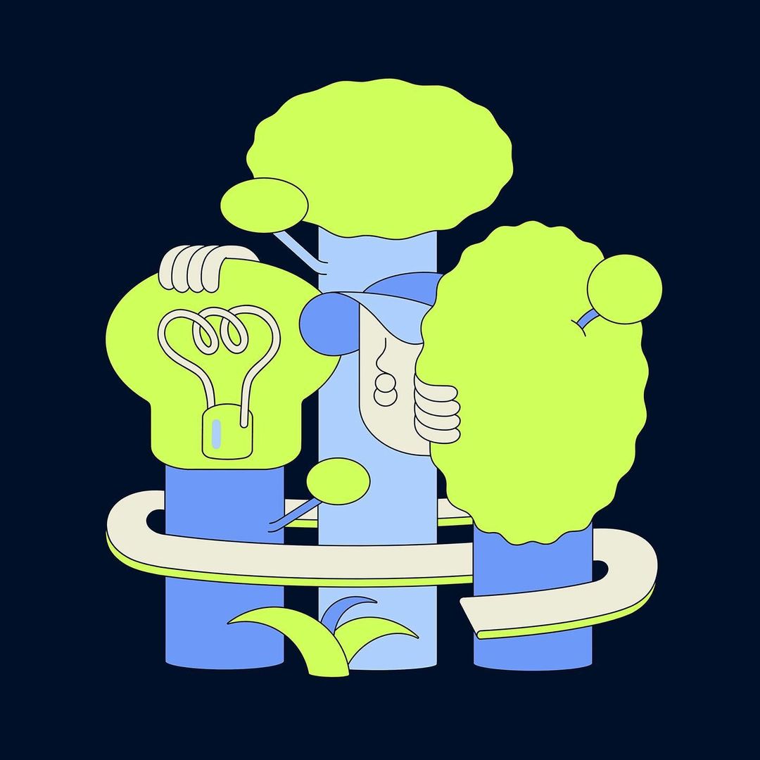 Whimsical vector art: an abstract person with a cap, cradled by a lightbulb, surrounded by green foliage on a dark blue background.