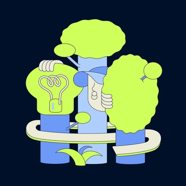 Whimsical vector art: an abstract person with a cap, cradled by a lightbulb, surrounded by green foliage on a dark blue background.