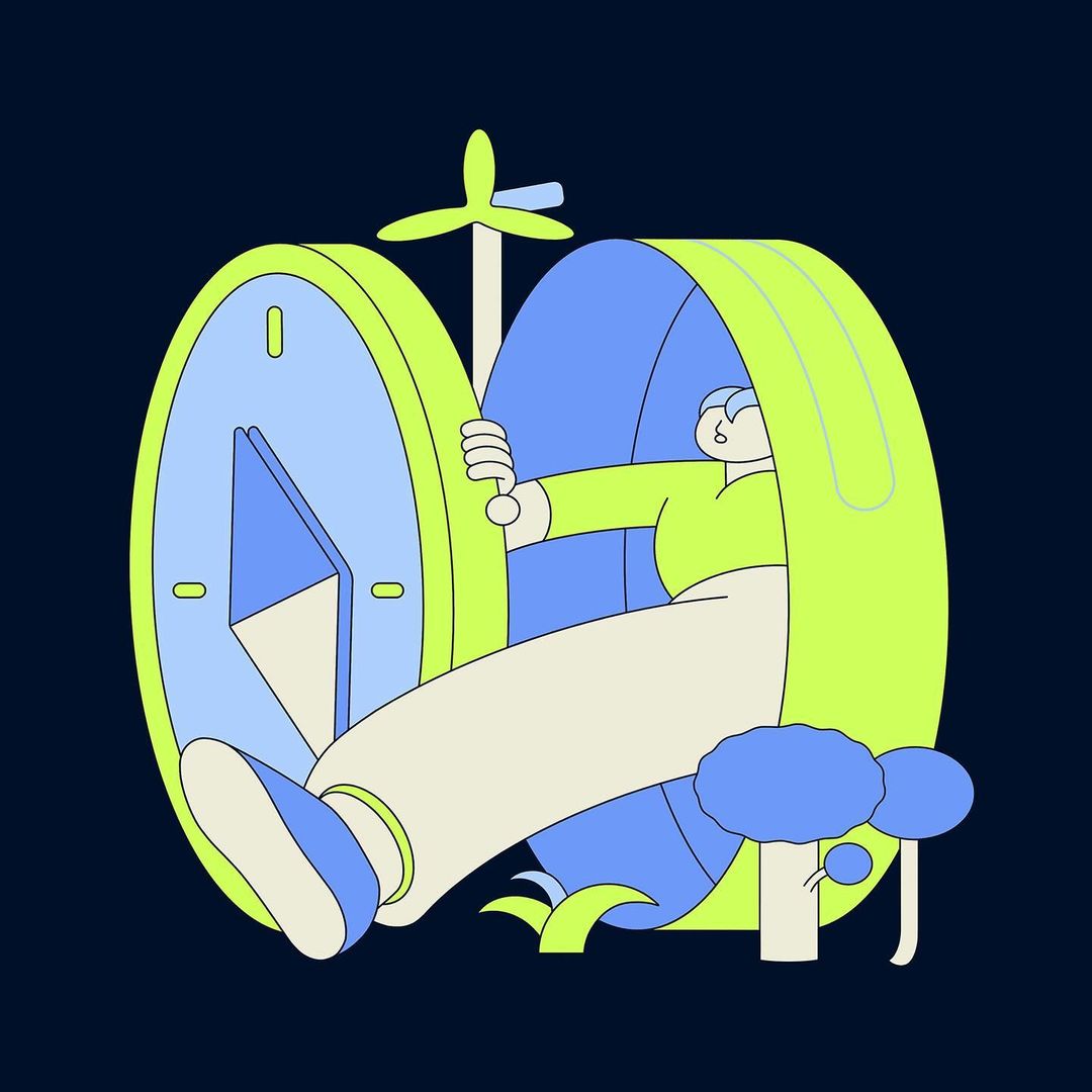 Stylized digital art illustration of a person sitting inside of a clock-like structure with trees and plant life around it.