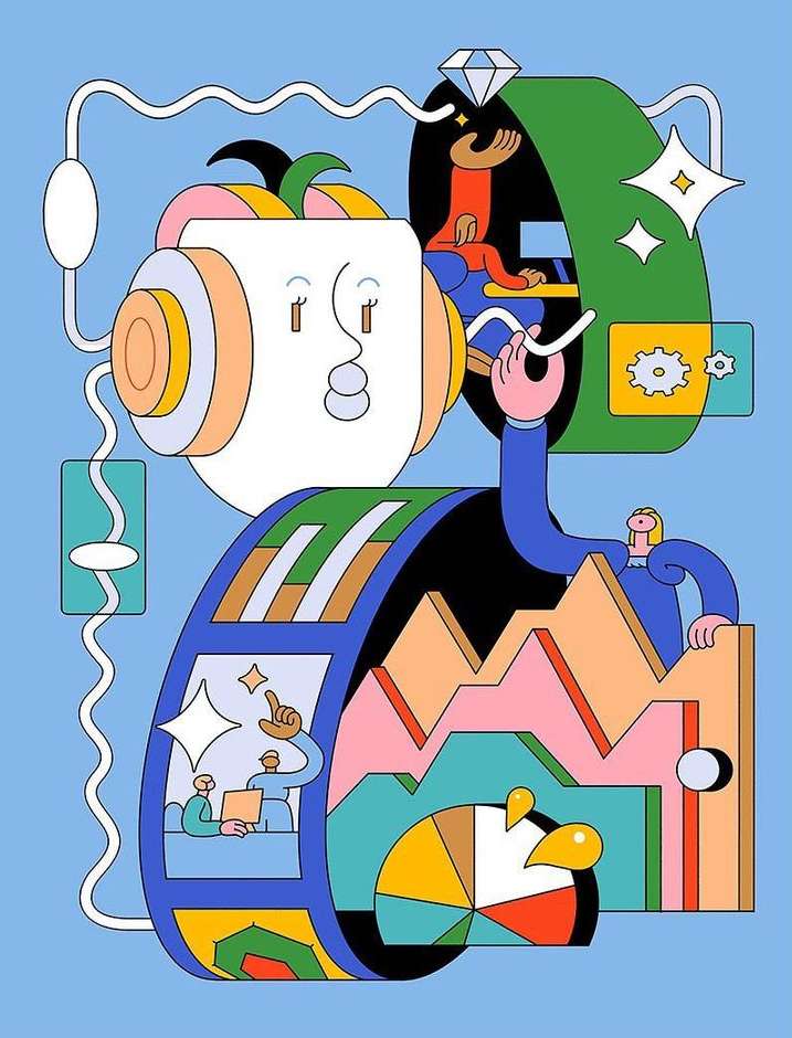 Colorful digital illustration of abstract people inside chambers, working with technology, surrounded by white lines on a blue backdrop.