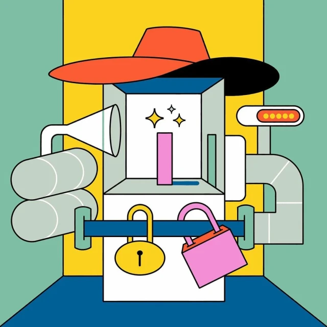 Whimsical geometric illustration with a red hat, locks, and pipes set against vibrant teal, yellow, and blue backgrounds in a modern art style.