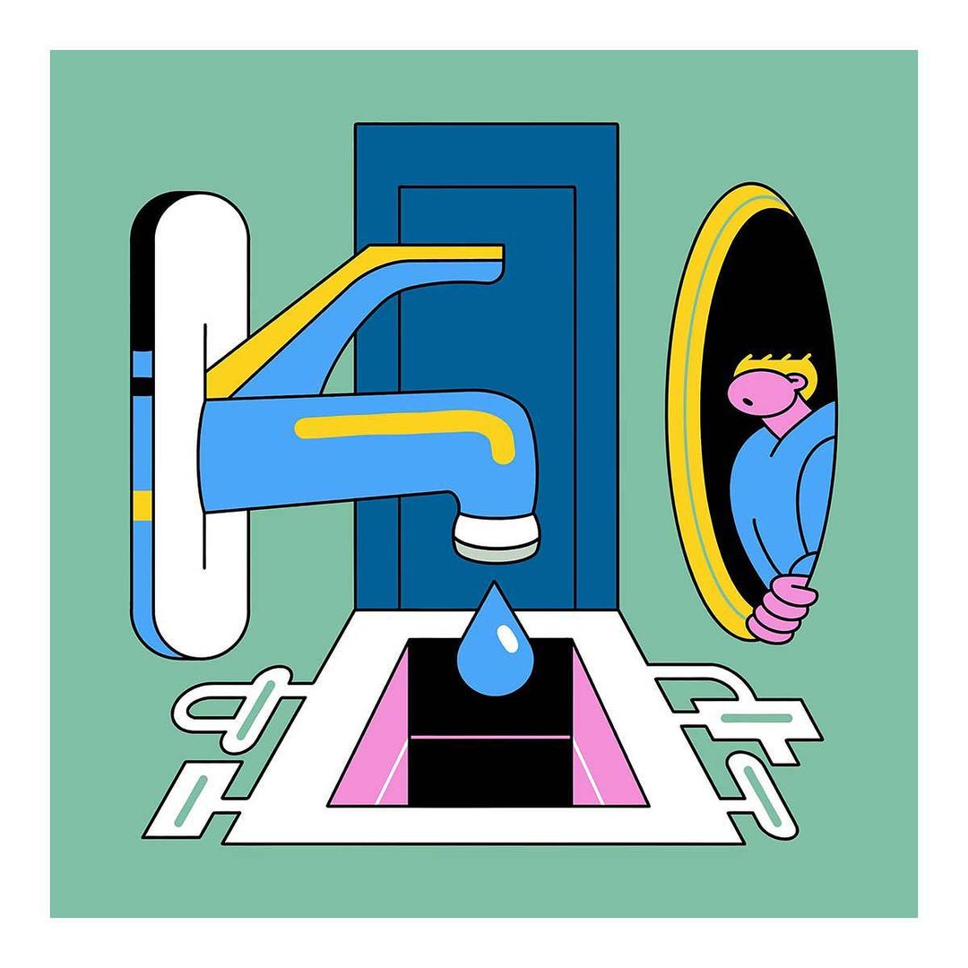 Illustration of a cartoon man looking through a portal at a blue faucet with a water drop in a green-walled, indoor environment.