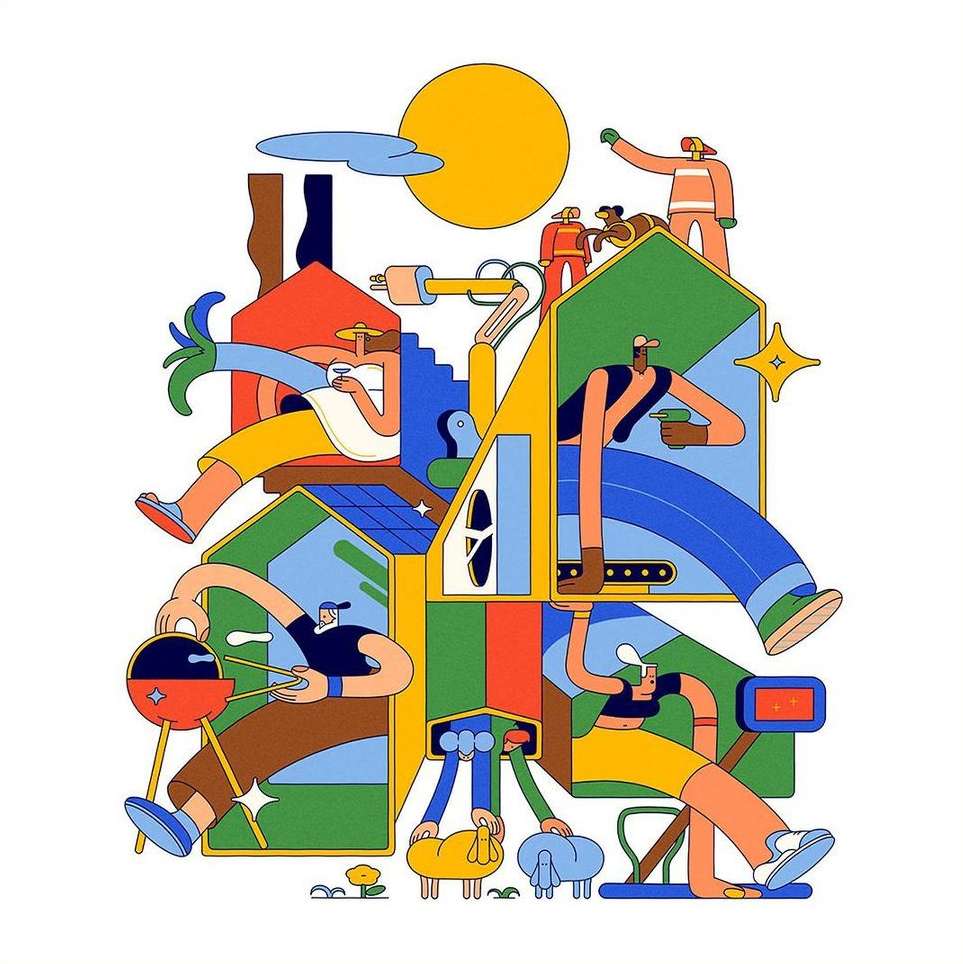 Illustration with abstract figures and houses with solar panel, satellite dish, and other technology elements against a white background.