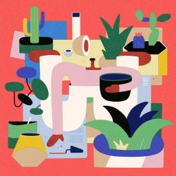 Colorful vector illustration of an abstract figure surrounded by potted plants against a red textured background by Leandro Alzate.