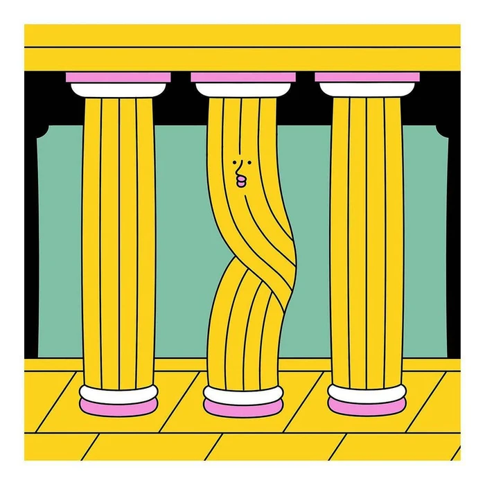 Digital illustration by Leandro Alzate featuring three yellow classical columns with a waving central column bearing a face